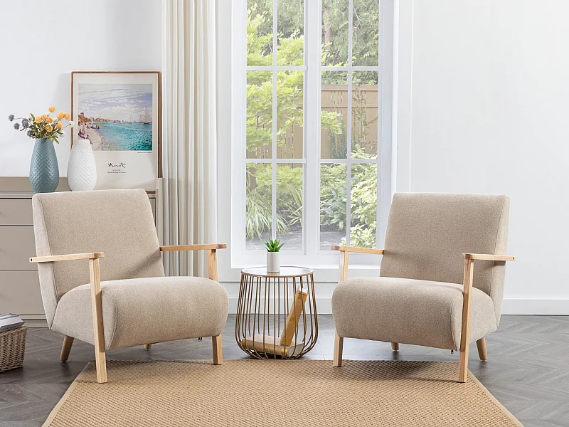 Poltrona tecido bege e madeira - JULOMO