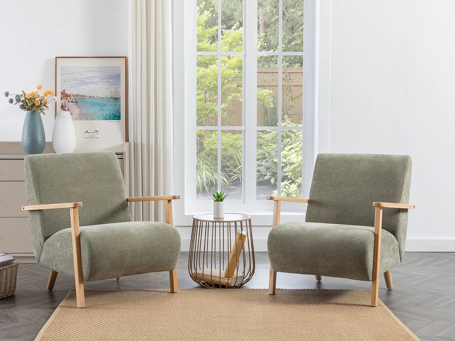 Fauteuil en tissu vert et bois JULOMO