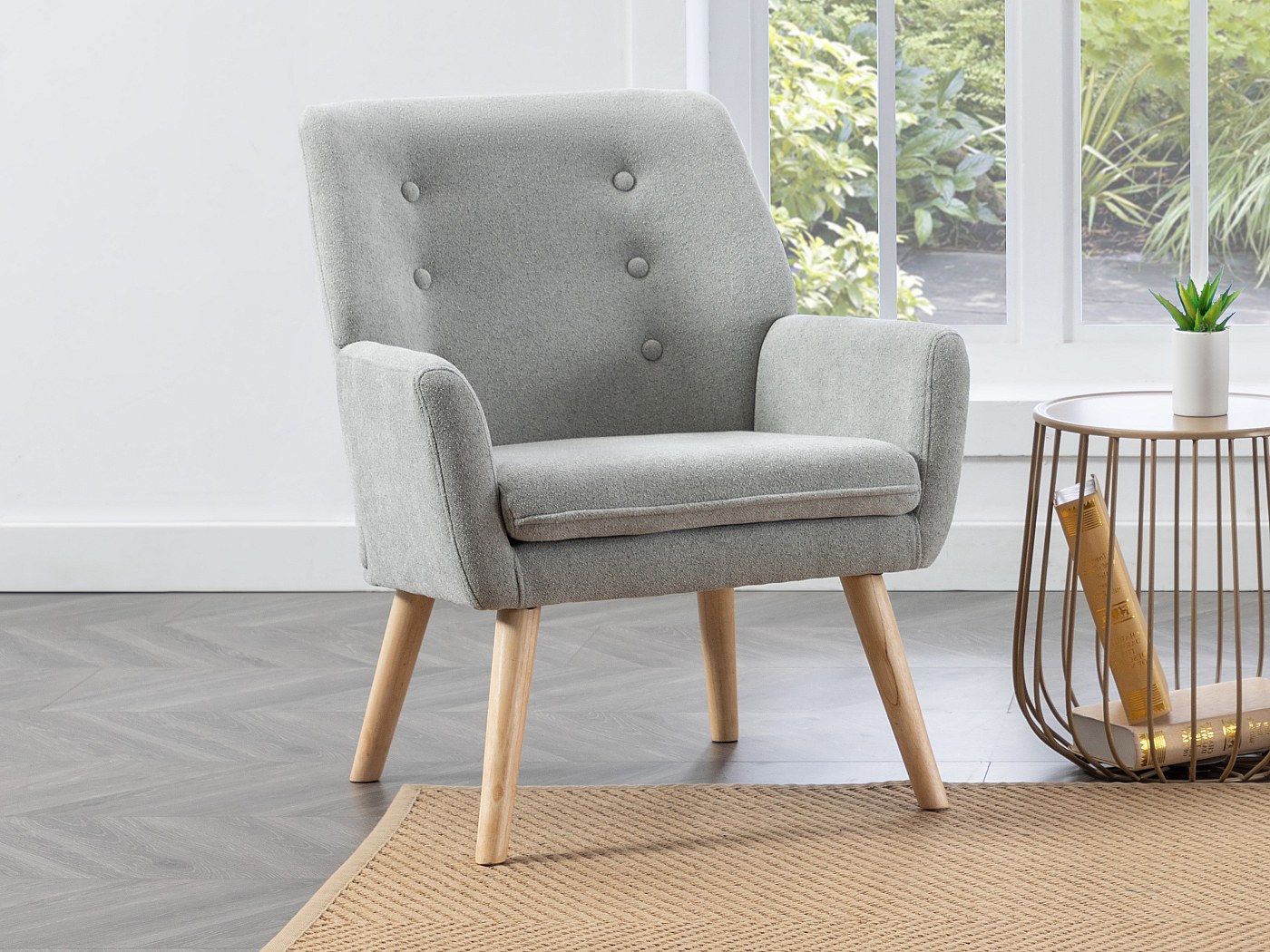 Deux fauteuils tissu bouclettes avec coussins épais , pieds en bois massif - gris - Ameublement