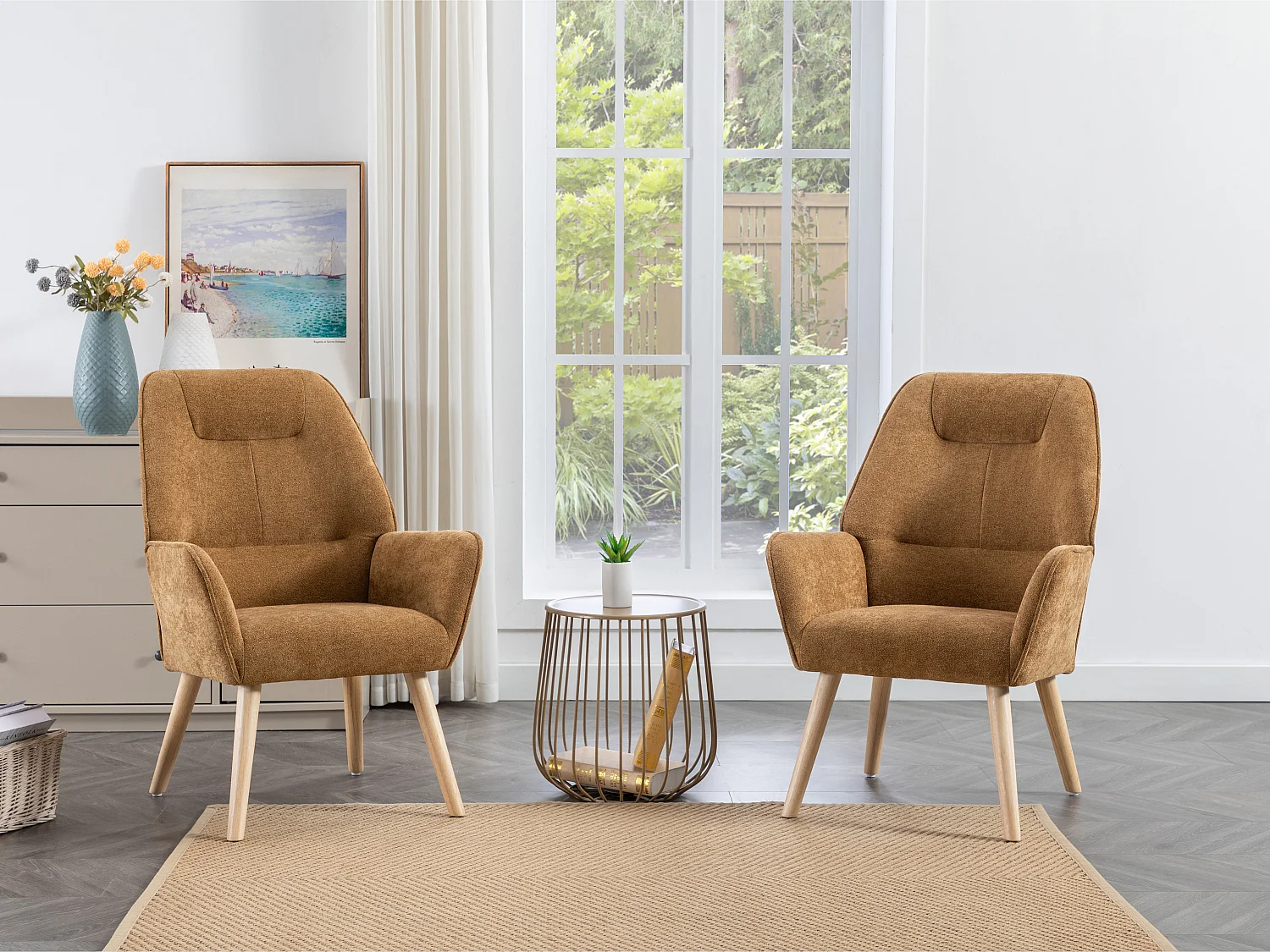 Fauteuil van camelkleurige stof