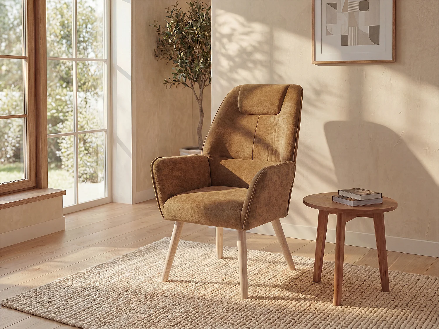 Fauteuil en tissu camel OSIMO