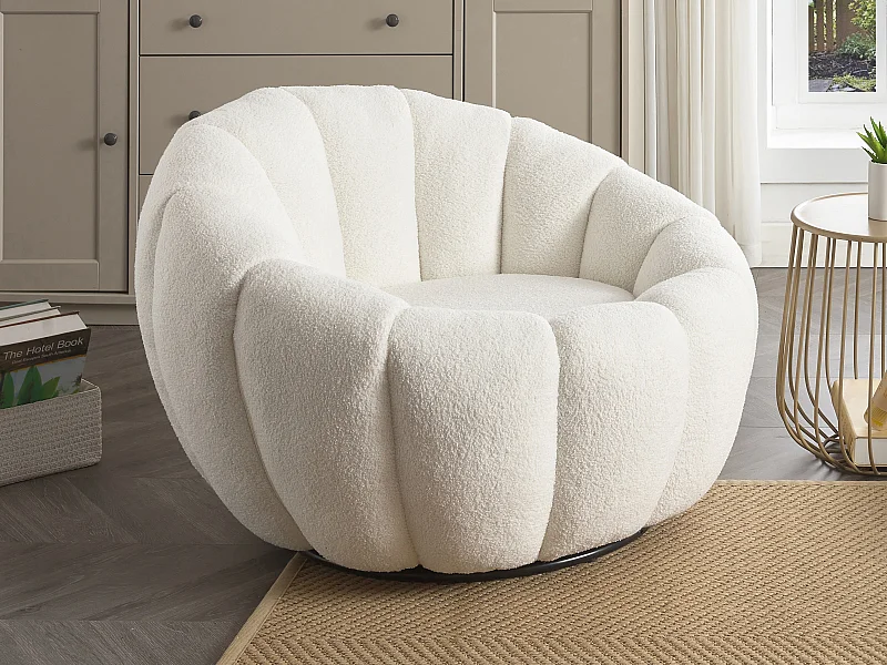 Fauteuil coquillage pivotant en tissu bouclette blanc COSSATO