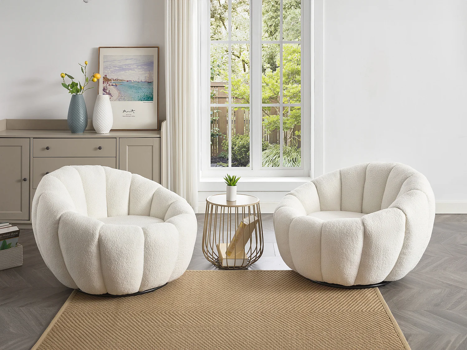 Fauteuil coquillage pivotant en tissu bouclette blanc COSSATO