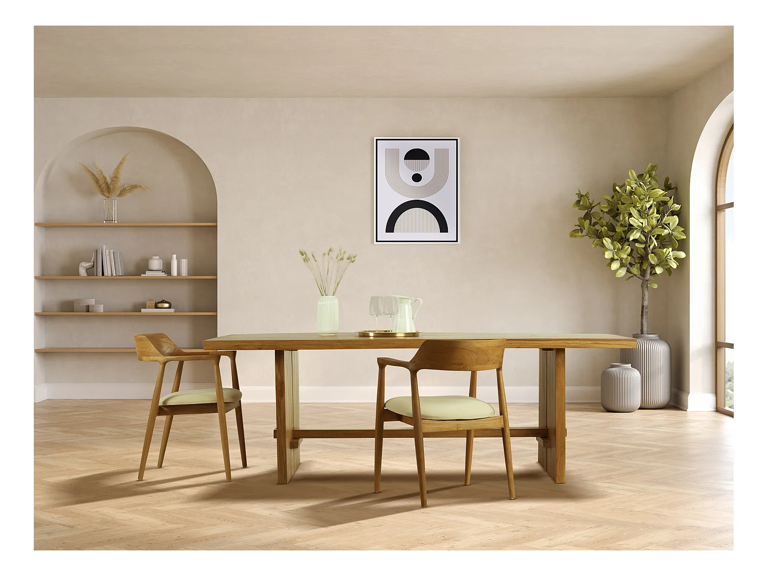 Lot de 2 chaises avec accoudoirs en teck et tissu - Naturel et crème - SOUADY
