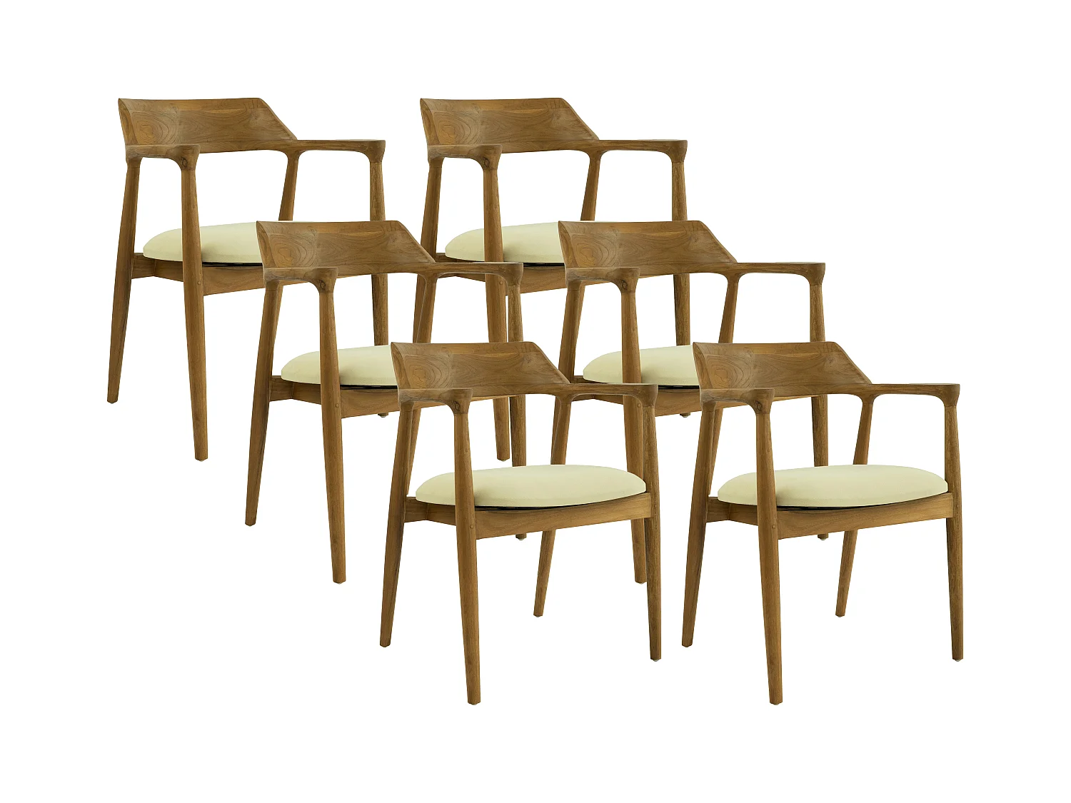 Lot de 6 chaises avec accoudoirs en teck et tissu - Naturel et crème - SOUADY