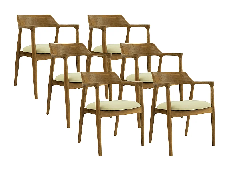 Lot de 6 chaises avec accoudoirs en teck et tissu - Naturel et crème - SOUADY