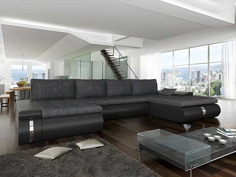 Canapé d'angle panoramique convertible et réversible en tissu et simili noir et anthracite AZELMA II