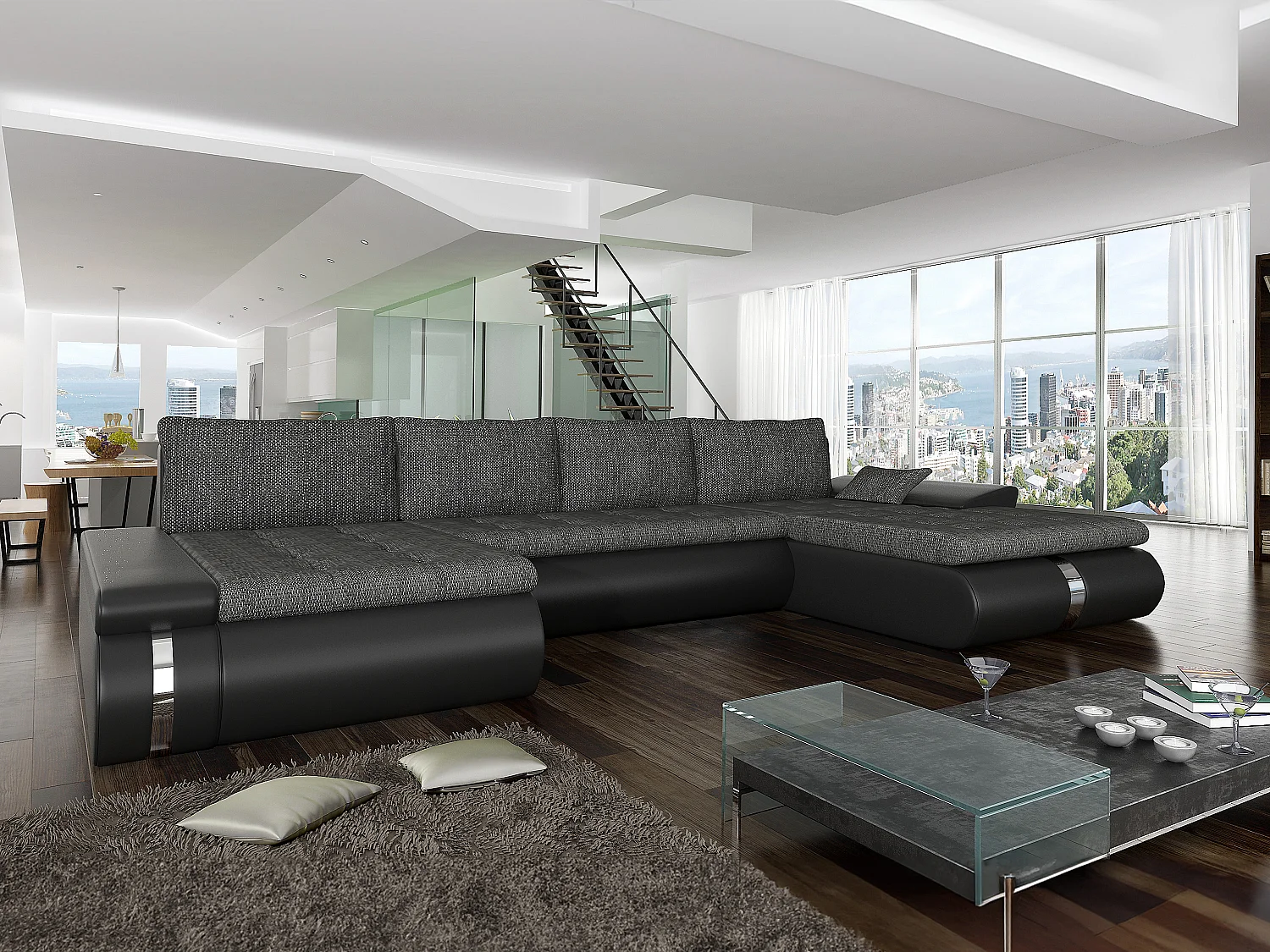 Panoramahörnsoffa bäddbar och vändbar i tyg och konstläder i svart och antracitgrått AZELMA II