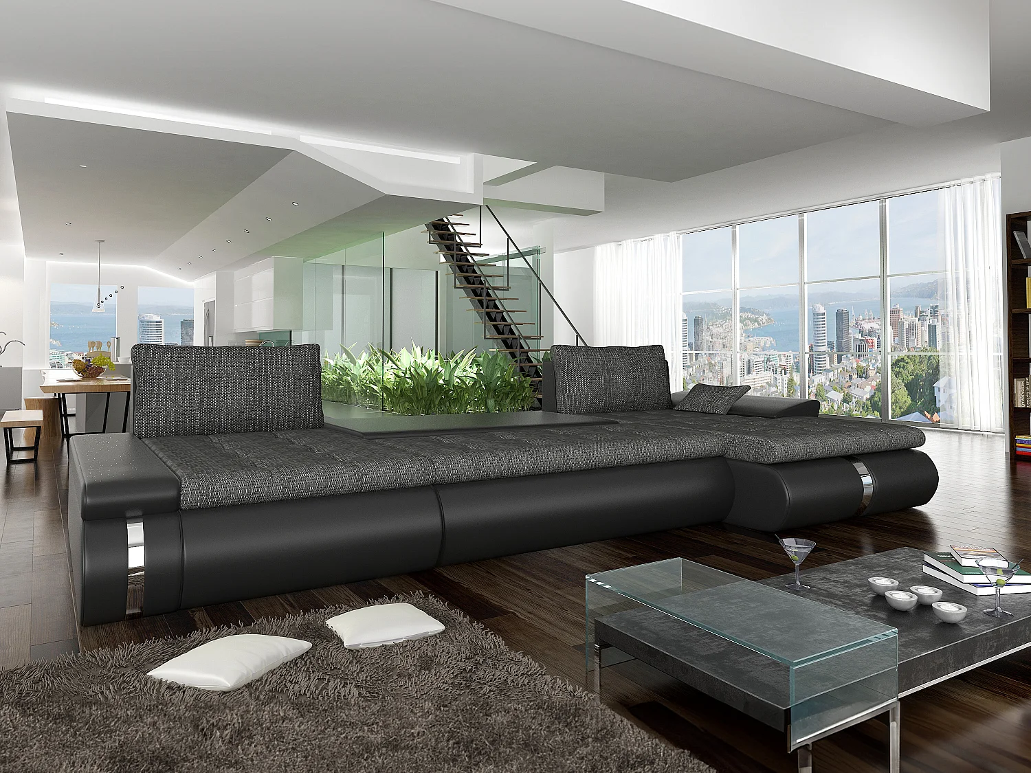 Sofá cama rinconera panorámico y reversible de tela y cuero sintético negro y antracita AZELMA II