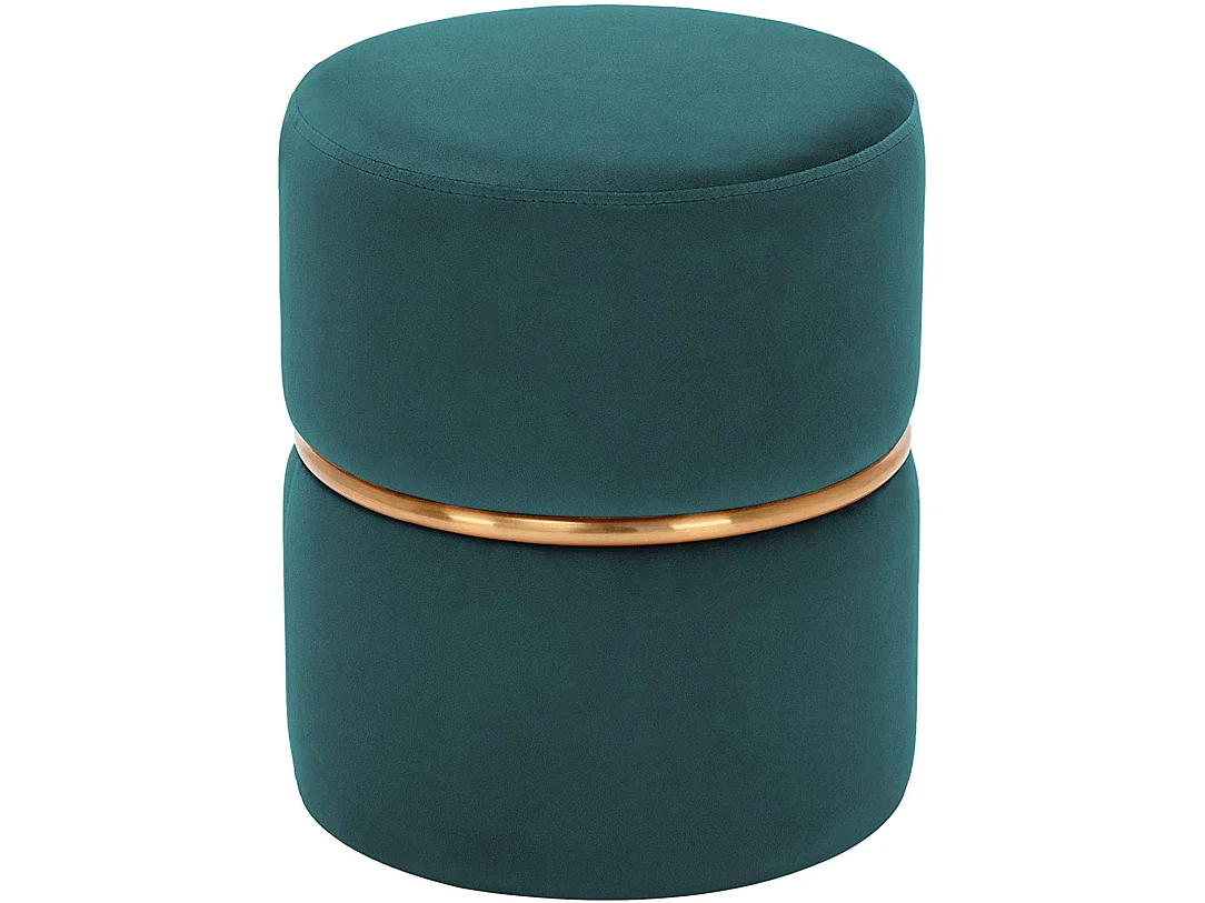 Tabouret rembourré rond pouf collier métallique doré en tissu velours bleu pétrole TABO09064