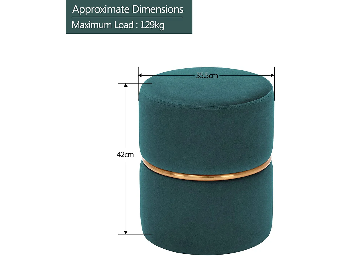 Tabouret rembourré rond pouf collier métallique doré en tissu velours bleu pétrole TABO09064