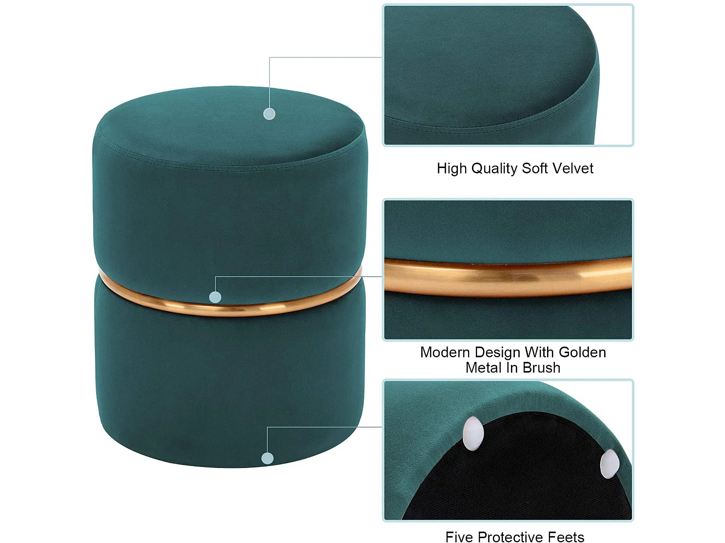 Tabouret rembourré rond pouf collier métallique doré en tissu velours bleu pétrole TABO09064
