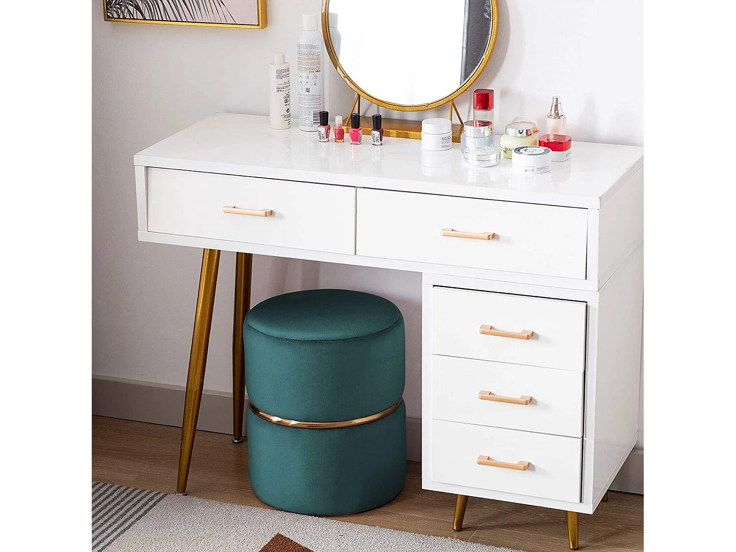 Tabouret rembourré rond pouf collier métallique doré en tissu velours bleu pétrole TABO09064