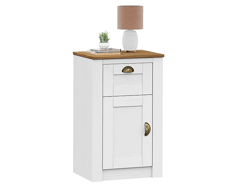 Table de chevet BOLTON table de nuit avec 1 tiroir et 1 porte, style classique, en pin massif lasuré blanc et brun