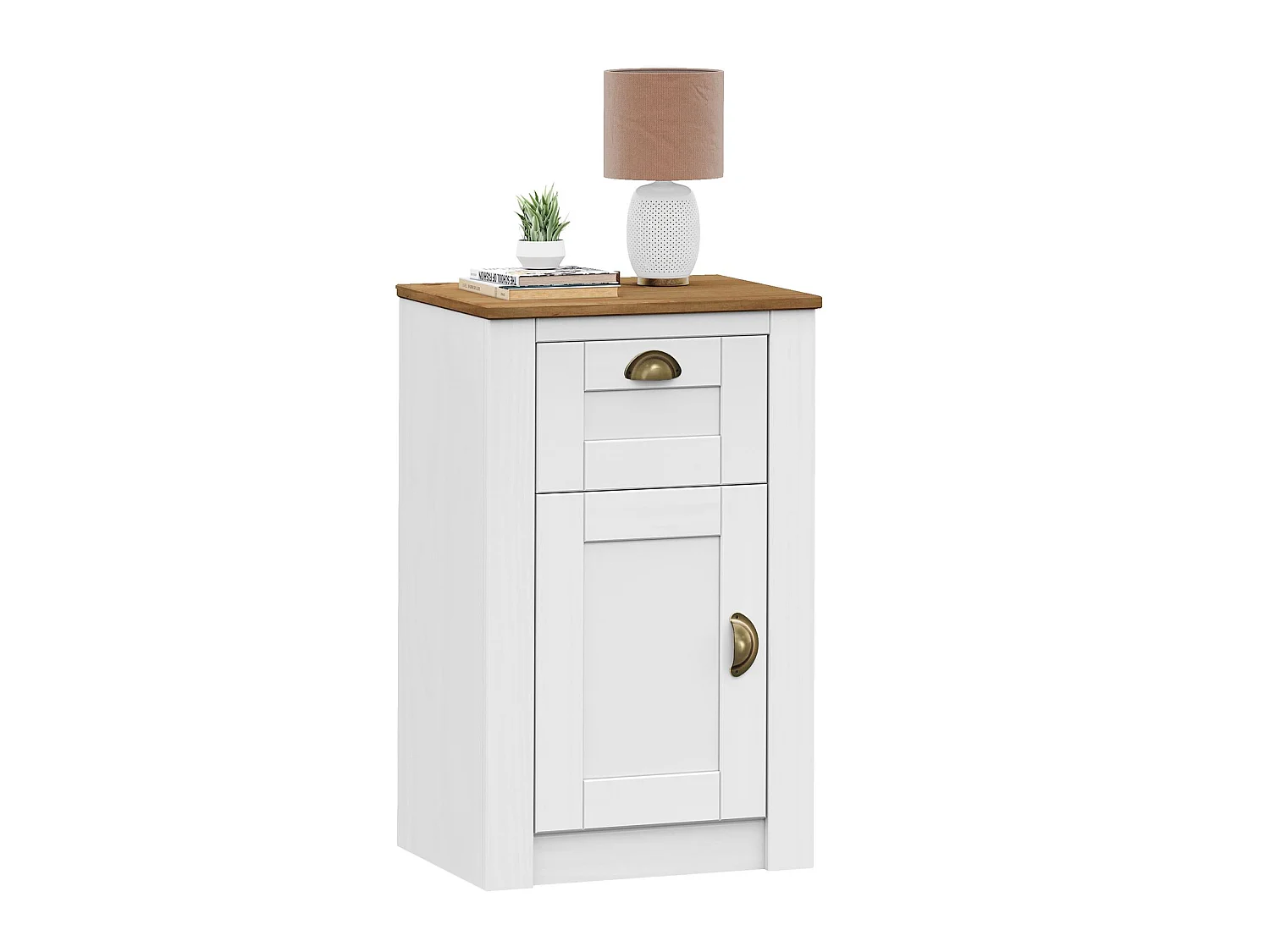 Table de chevet BOLTON table de nuit avec 1 tiroir et 1 porte, style classique, en pin massif lasuré blanc et brun