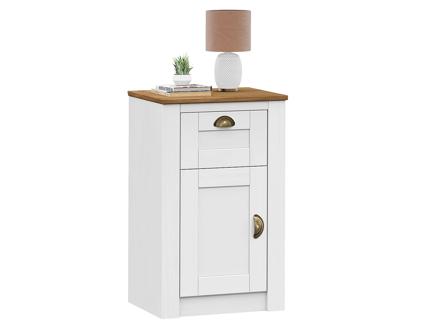 Table de chevet BOLTON table de nuit avec 1 tiroir et 1 porte, style classique, en pin massif lasuré blanc et brun