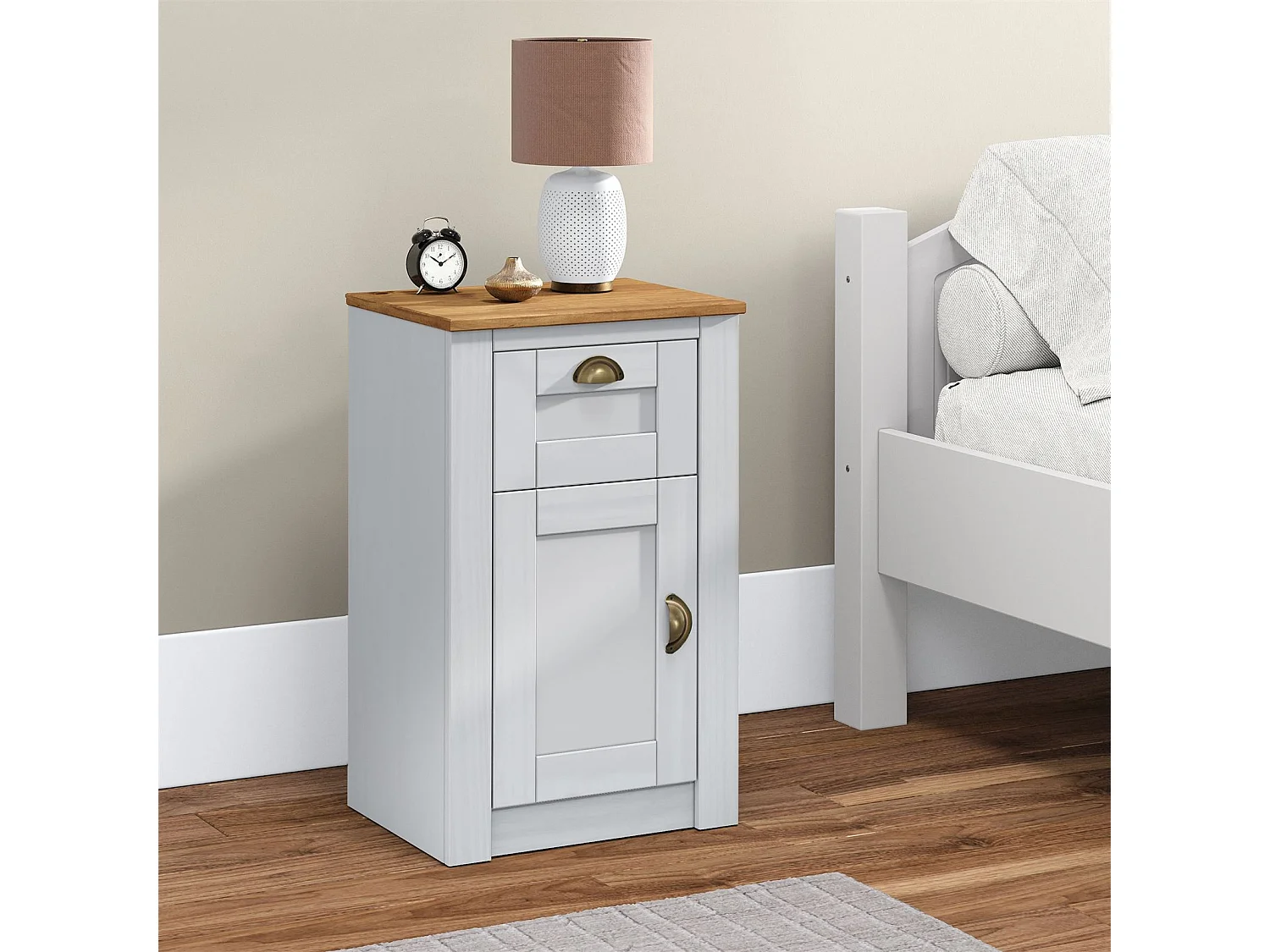 Table de chevet BOLTON table de nuit avec 1 tiroir et 1 porte, style classique, en pin massif lasuré blanc et brun