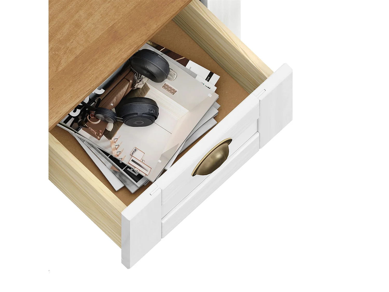 Table de chevet BOLTON table de nuit avec 1 tiroir et 1 porte, style classique, en pin massif lasuré blanc et brun