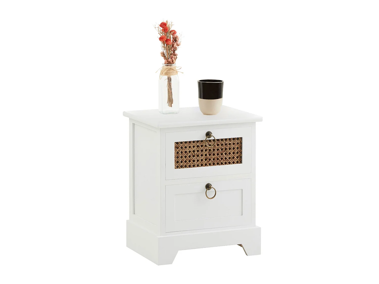 Table de chevet PADMA 2 tiroirs, table de nuit design vintage en bois lasuré blanc et rotin