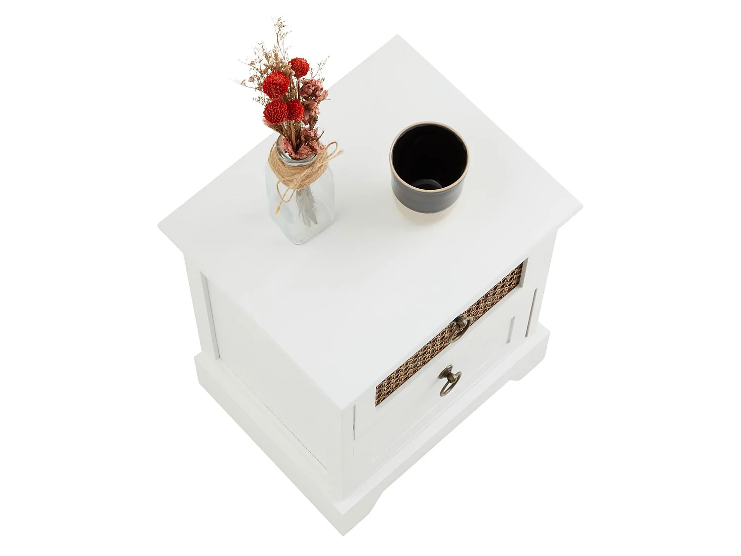 Table de chevet PADMA 2 tiroirs, table de nuit design vintage en bois lasuré blanc et rotin