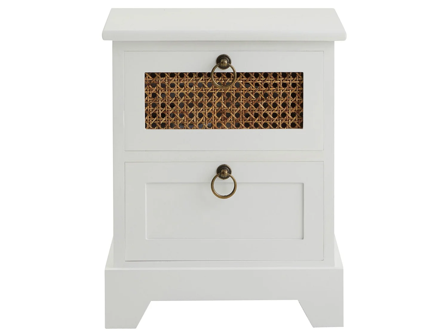 Table de chevet PADMA 2 tiroirs, table de nuit design vintage en bois lasuré blanc et rotin