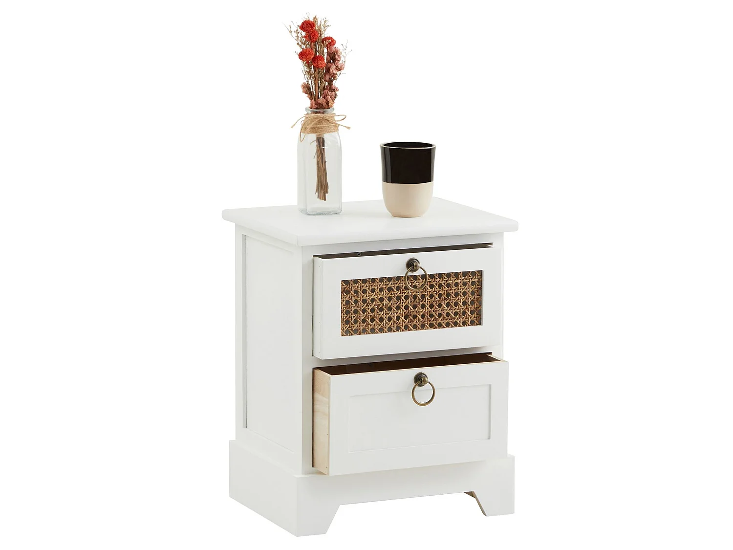 Table de chevet PADMA 2 tiroirs, table de nuit design vintage en bois lasuré blanc et rotin