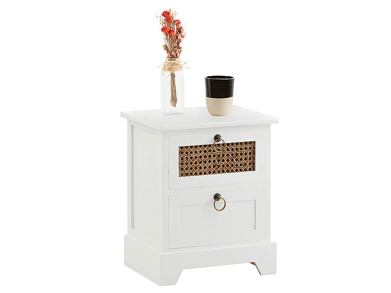 Table de chevet PADMA 2 tiroirs, table de nuit design vintage en bois lasuré blanc et rotin