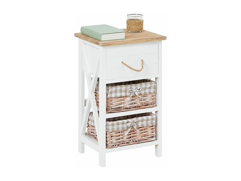 Table de chevet PERUGIA table de nuit 1 tiroir et 2 paniers en bois de paulownia style shabby chic vintage rustique campagnard blanc