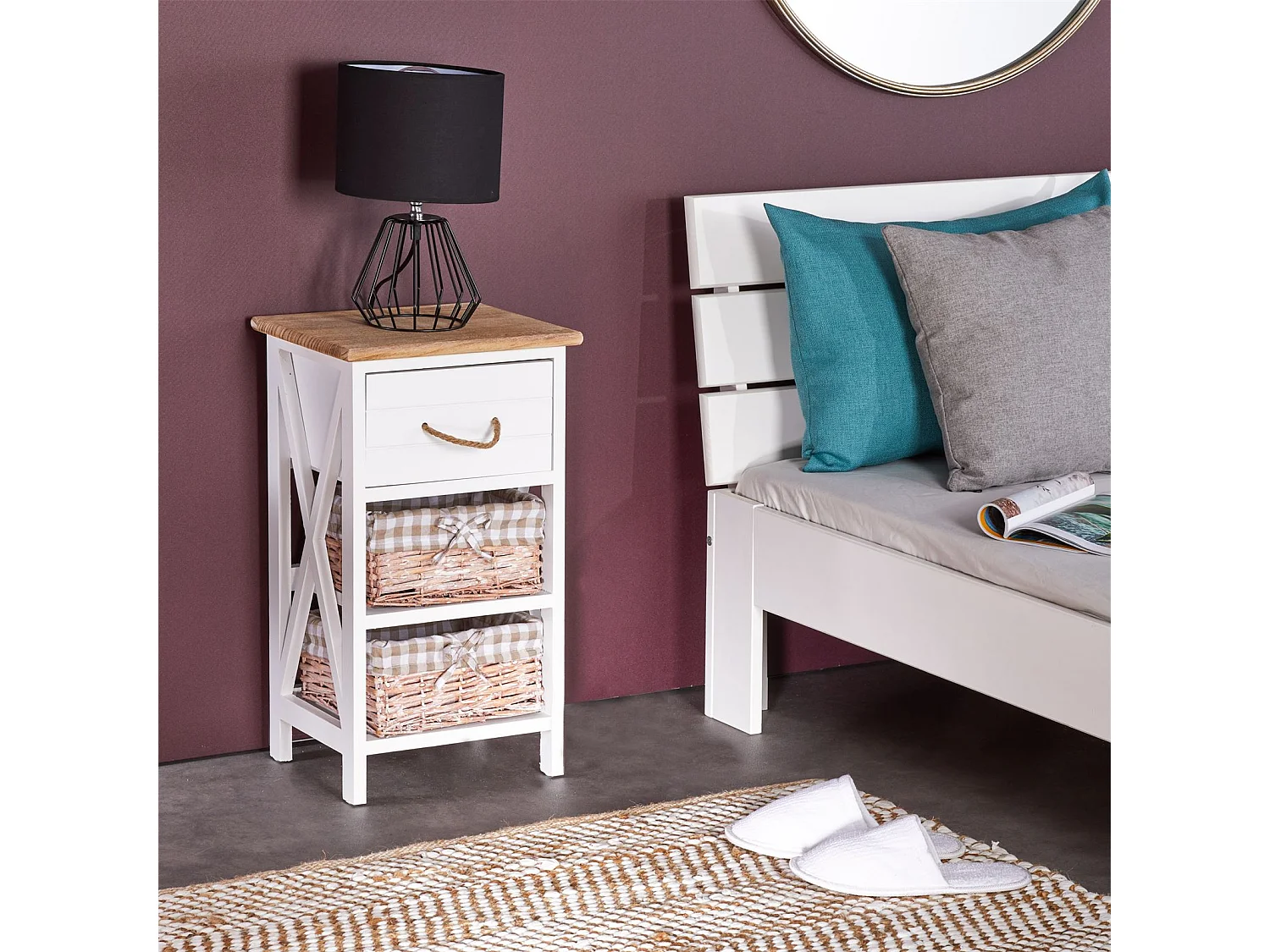 Table de chevet PERUGIA table de nuit 1 tiroir et 2 paniers en bois de paulownia style shabby chic vintage rustique campagnard blanc