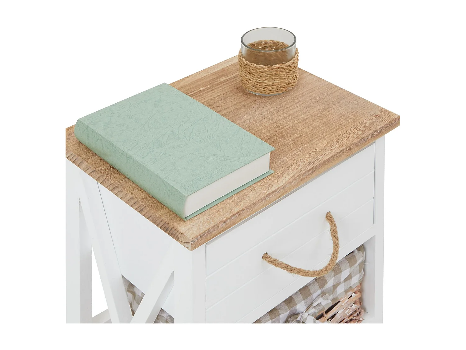 Table de chevet PERUGIA table de nuit 1 tiroir et 2 paniers en bois de paulownia style shabby chic vintage rustique campagnard blanc