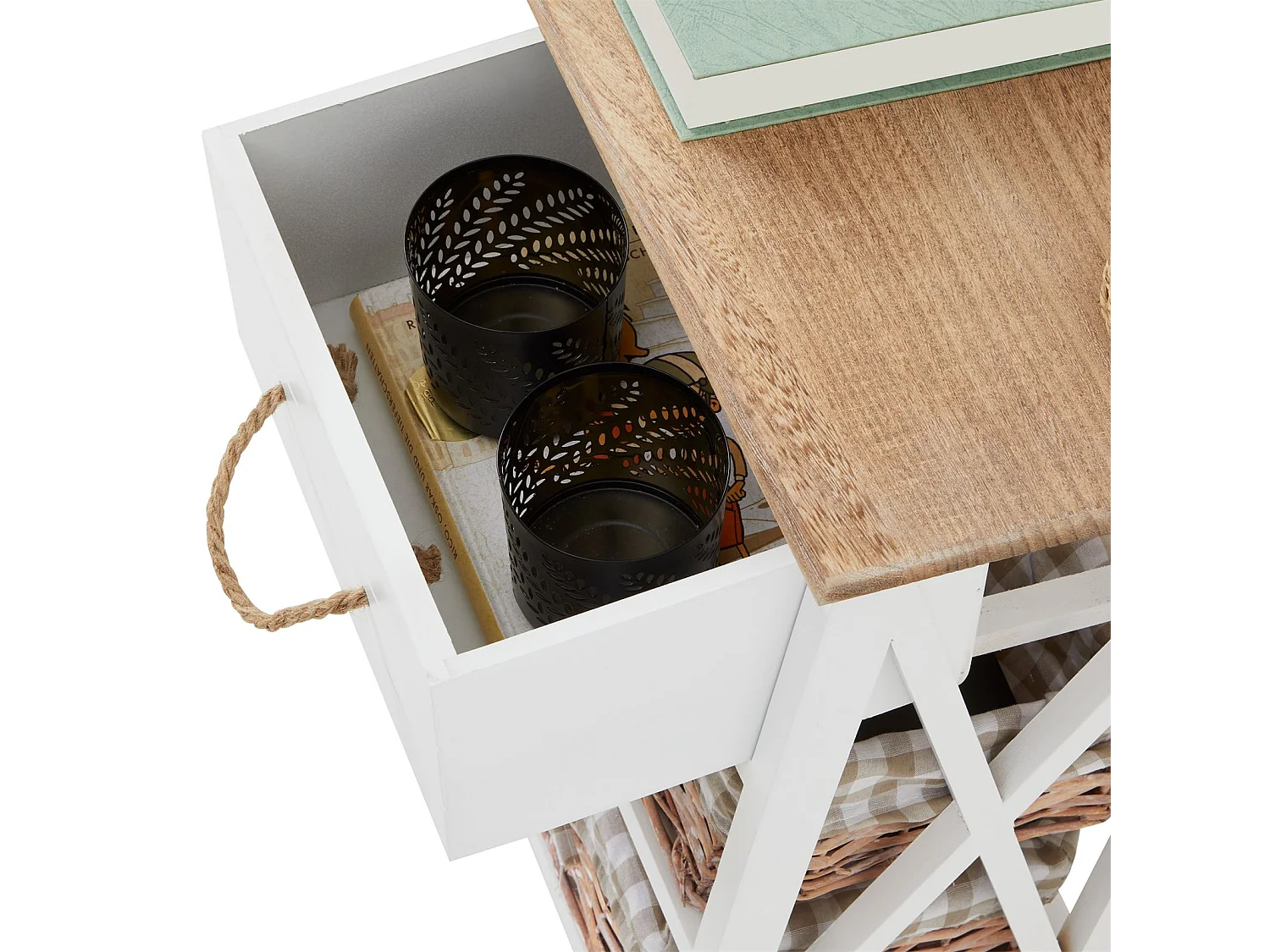 Table de chevet PERUGIA table de nuit 1 tiroir et 2 paniers en bois de paulownia style shabby chic vintage rustique campagnard blanc