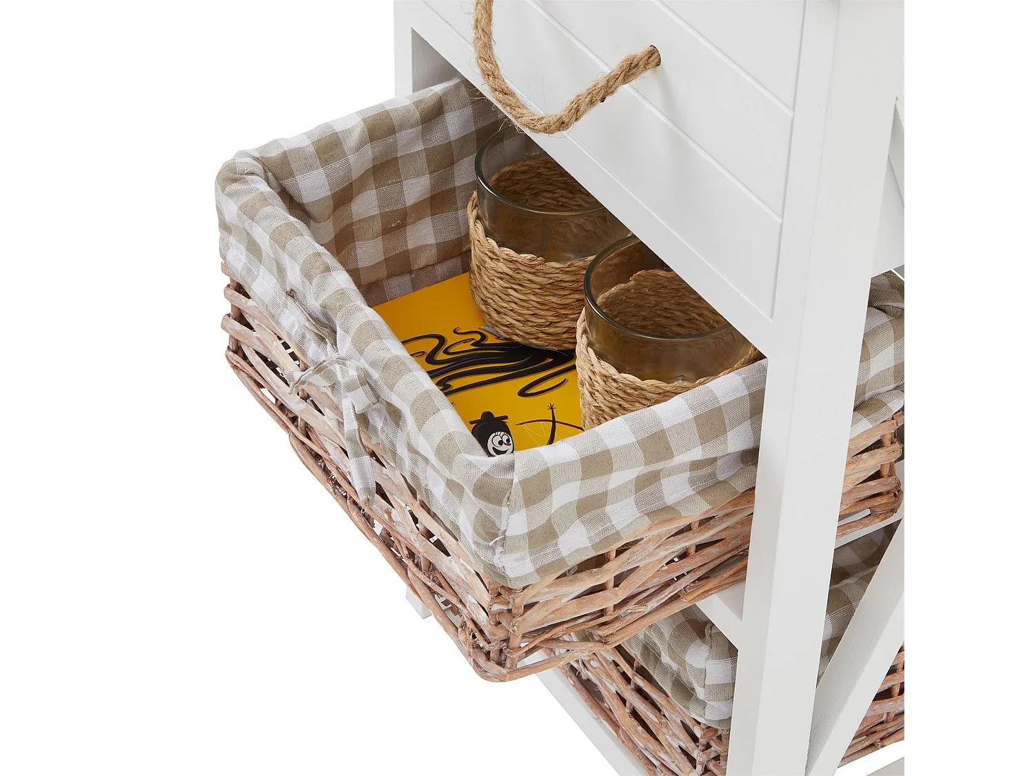 Table de chevet PERUGIA table de nuit 1 tiroir et 2 paniers en bois de paulownia style shabby chic vintage rustique campagnard blanc