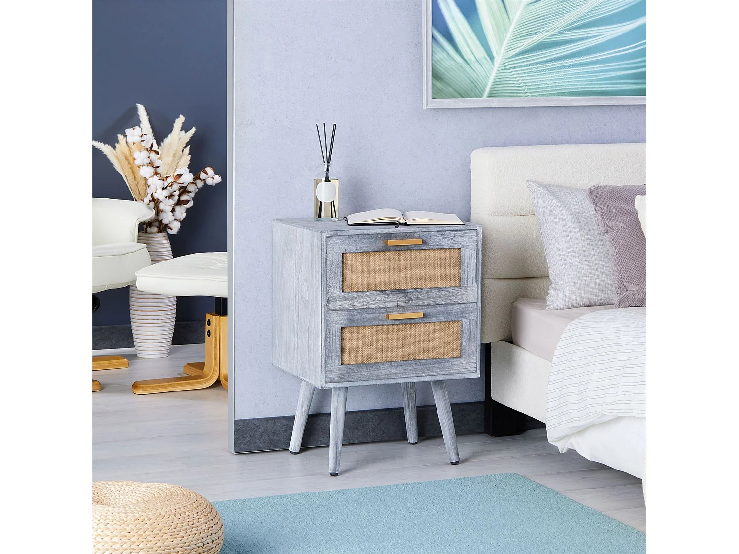 Table de chevet WAMAN petite commode de nuit avec 2 tiroirs, en bois de paulownia lasuré gris et lin naturel, style vintage