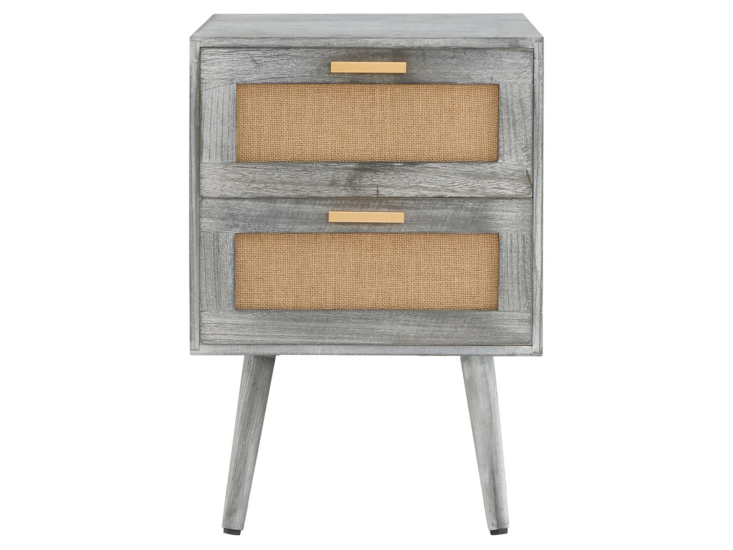 Table de chevet WAMAN petite commode de nuit avec 2 tiroirs, en bois de paulownia lasuré gris et lin naturel, style vintage