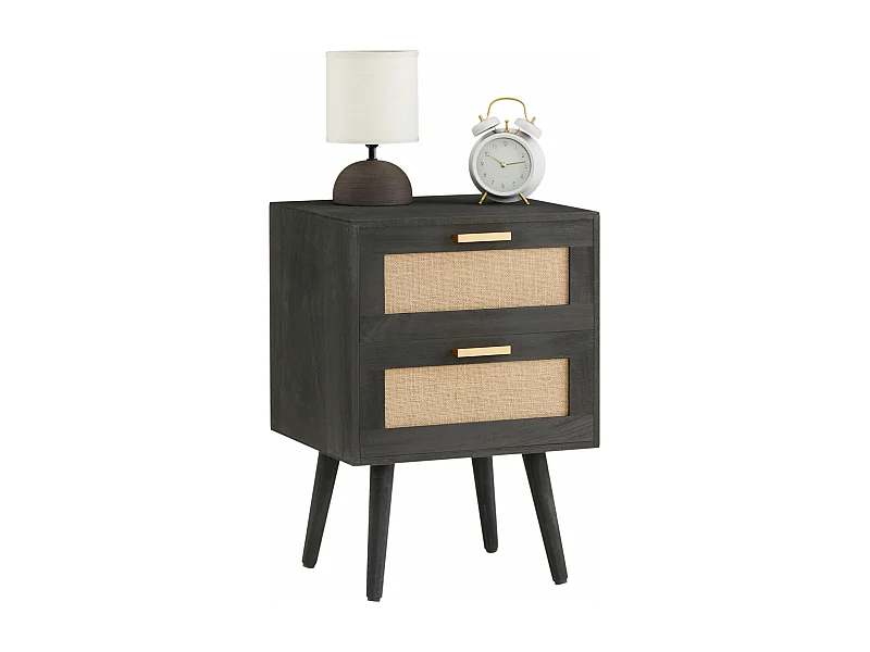 Table de chevet WAMAN petite commode de nuit avec 2 tiroirs, en bois de paulownia lasuré noir et lin naturel, style vintage