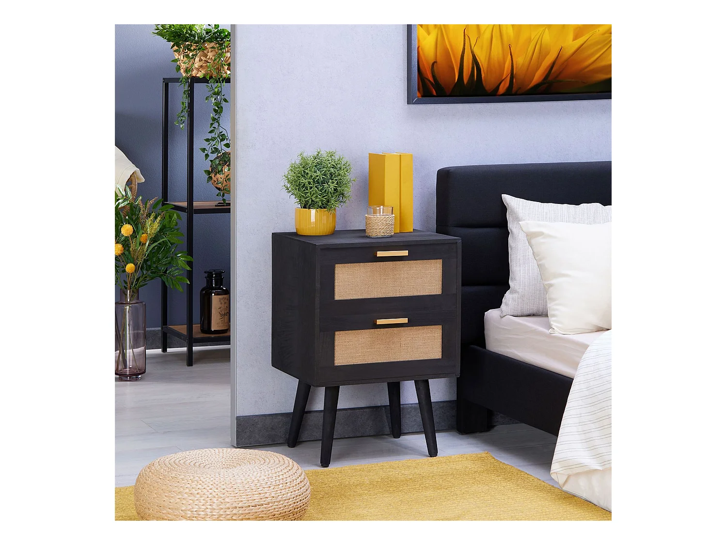 Table de chevet WAMAN petite commode de nuit avec 2 tiroirs, en bois de paulownia lasuré noir et lin naturel, style vintage