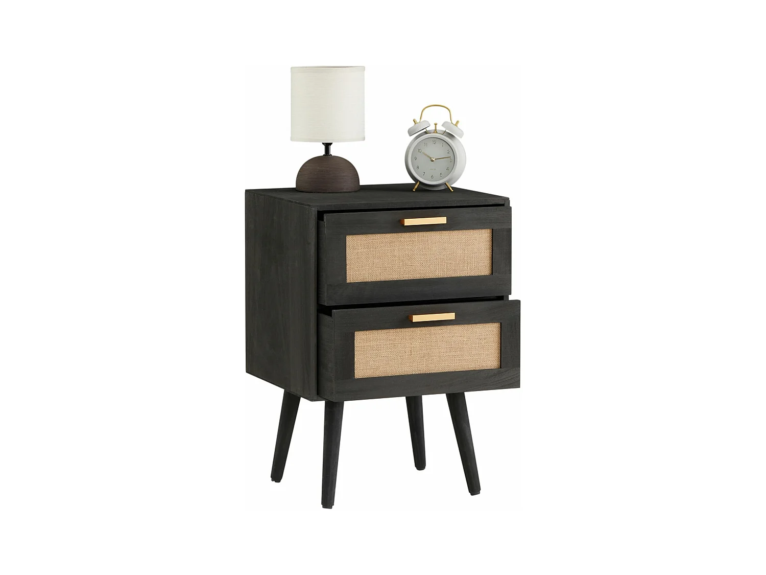 Table de chevet WAMAN petite commode de nuit avec 2 tiroirs, en bois de paulownia lasuré noir et lin naturel, style vintage