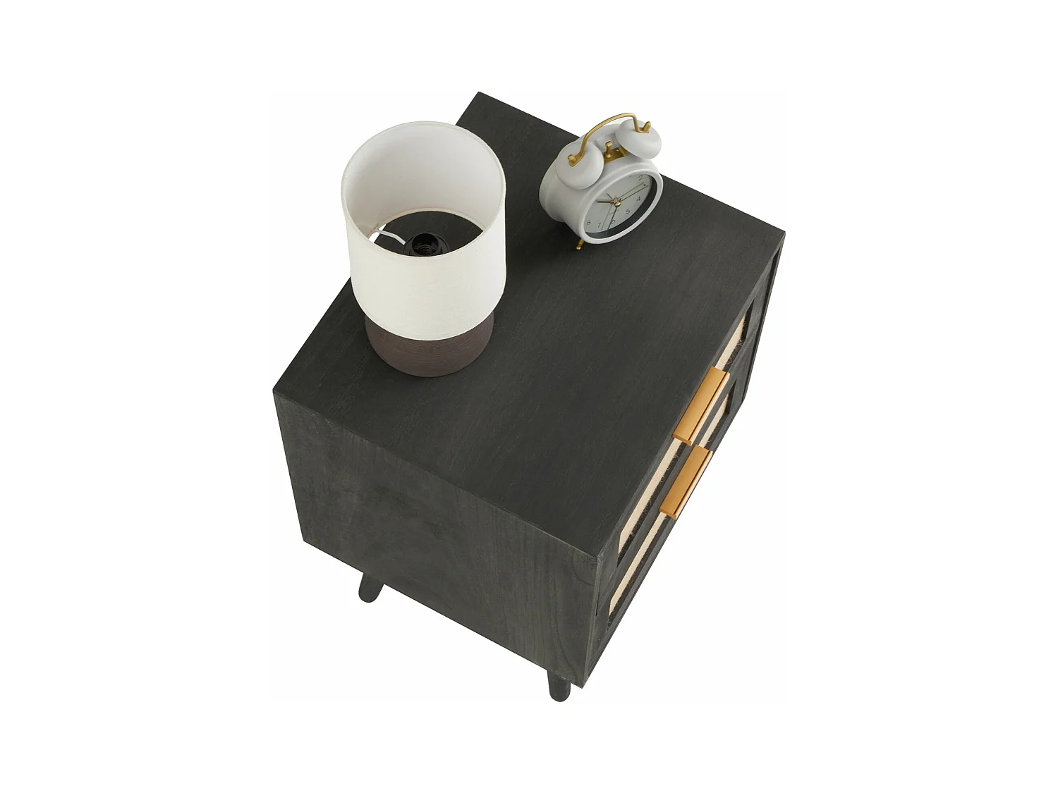 Table de chevet WAMAN petite commode de nuit avec 2 tiroirs, en bois de paulownia lasuré noir et lin naturel, style vintage