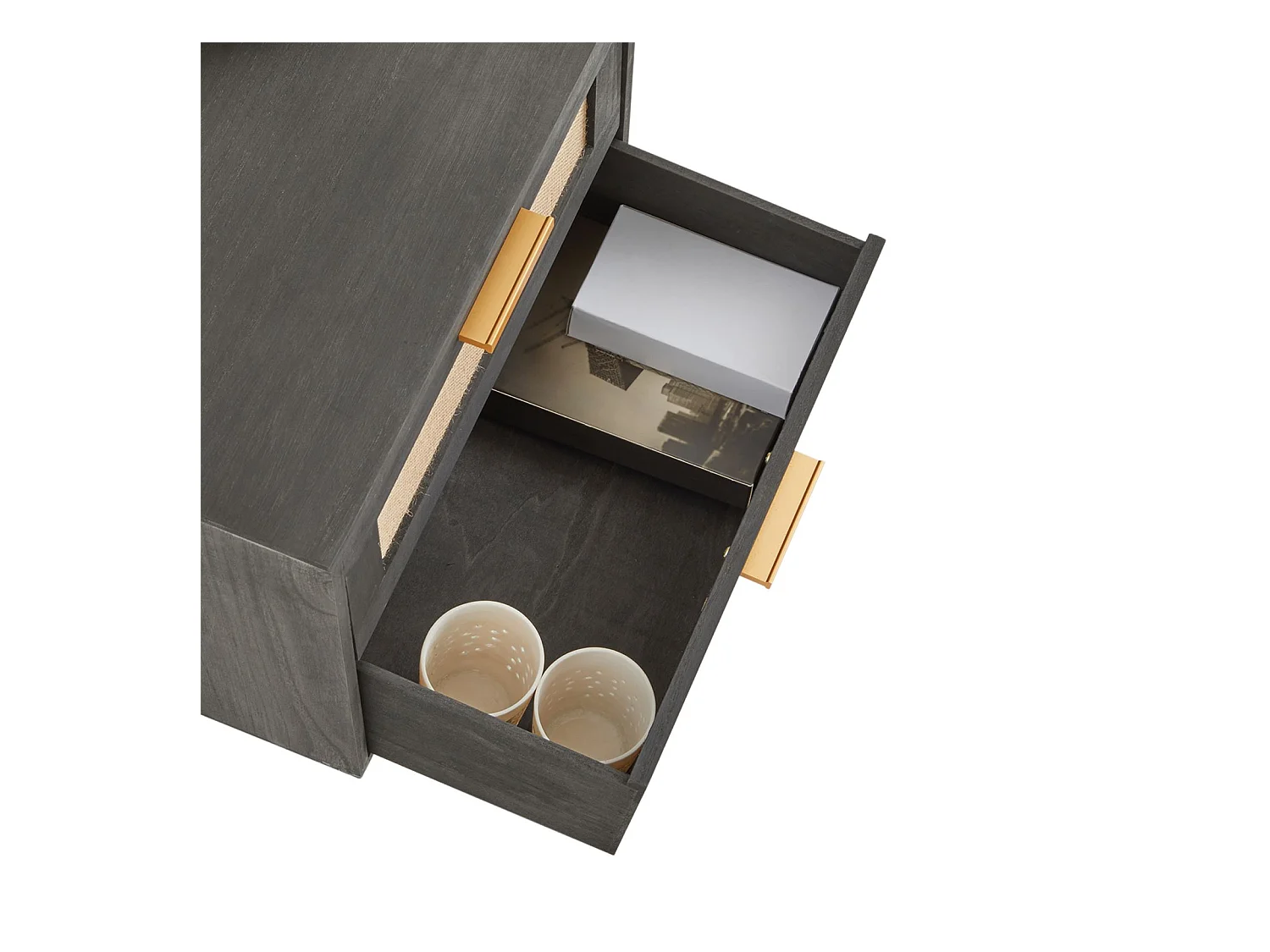 Table de chevet WAMAN petite commode de nuit avec 2 tiroirs, en bois de paulownia lasuré noir et lin naturel, style vintage