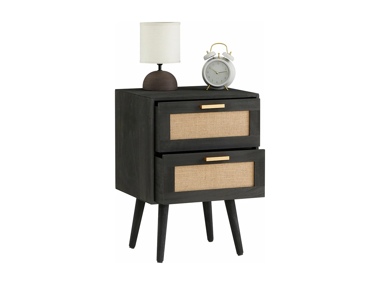 Table de chevet WAMAN petite commode de nuit avec 2 tiroirs, en bois de paulownia lasuré noir et lin naturel, style vintage