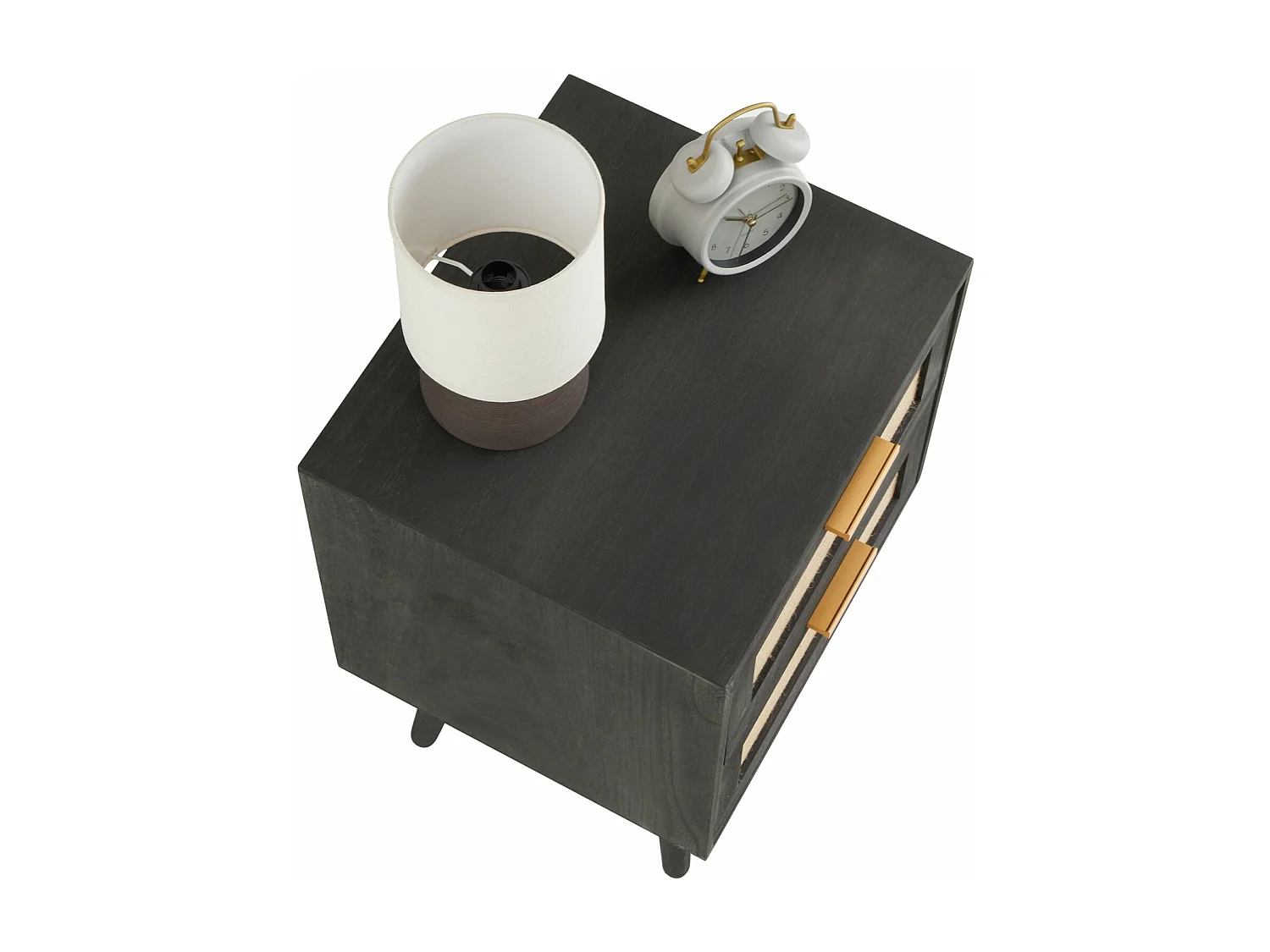 Table de chevet WAMAN petite commode de nuit avec 2 tiroirs, en bois de paulownia lasuré noir et lin naturel, style vintage