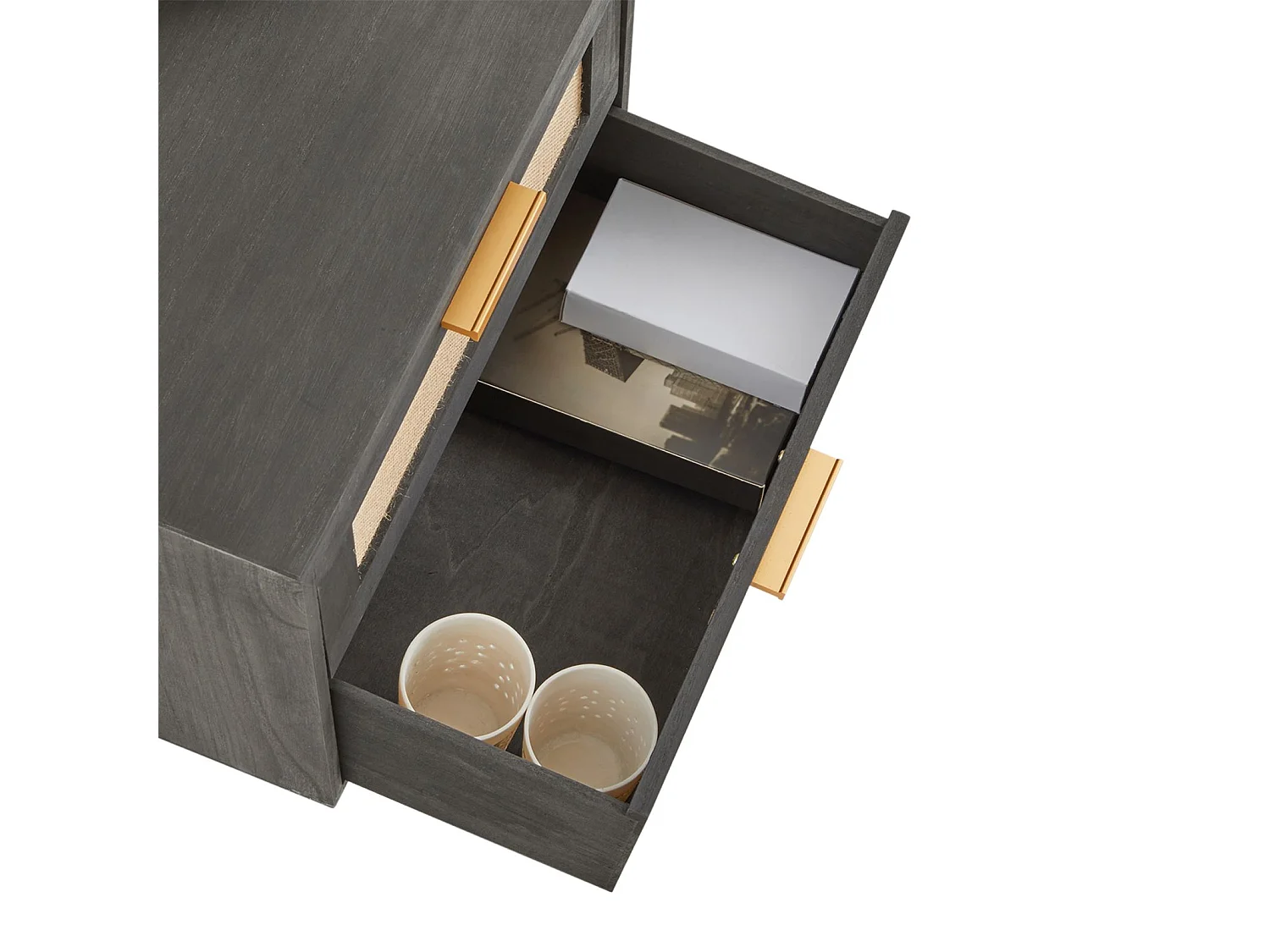 Table de chevet WAMAN petite commode de nuit avec 2 tiroirs, en bois de paulownia lasuré noir et lin naturel, style vintage