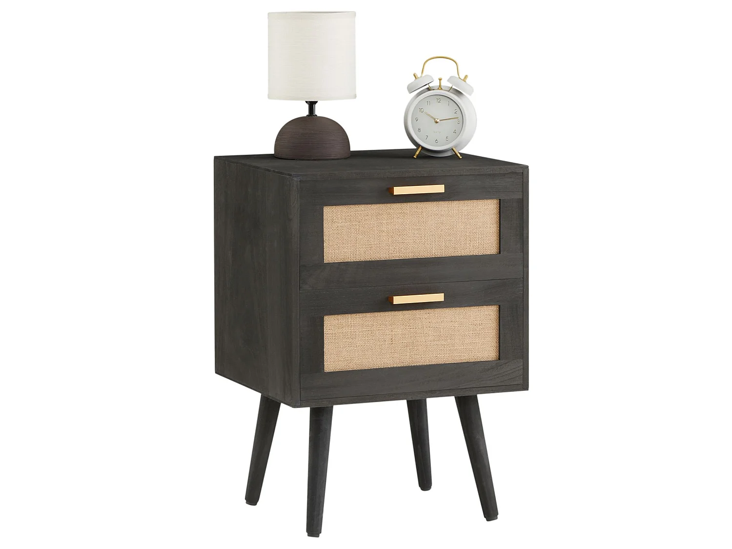 Table de chevet WAMAN petite commode de nuit avec 2 tiroirs, en bois de paulownia lasuré noir et lin naturel, style vintage