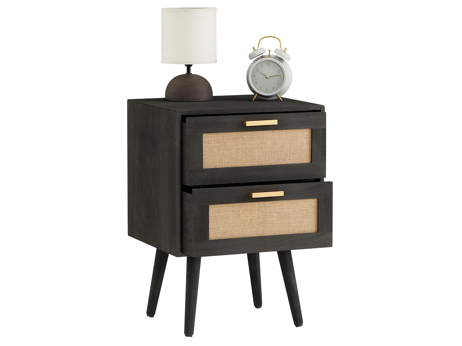 Table de chevet WAMAN petite commode de nuit avec 2 tiroirs, en bois de paulownia lasuré noir et lin naturel, style vintage