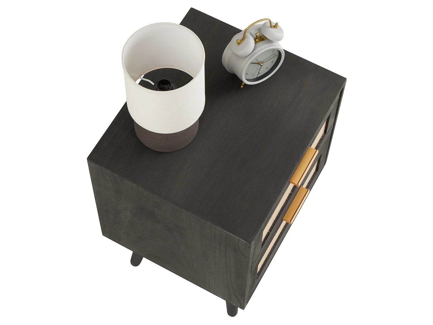 Table de chevet WAMAN petite commode de nuit avec 2 tiroirs, en bois de paulownia lasuré noir et lin naturel, style vintage
