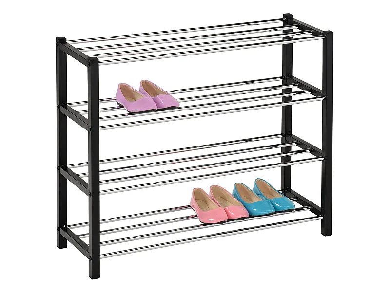 Etagère à chaussures DUBLIN rangement porte-chaussures avec 4 niveaux pour 16 paires en métal chromé et laqué noir