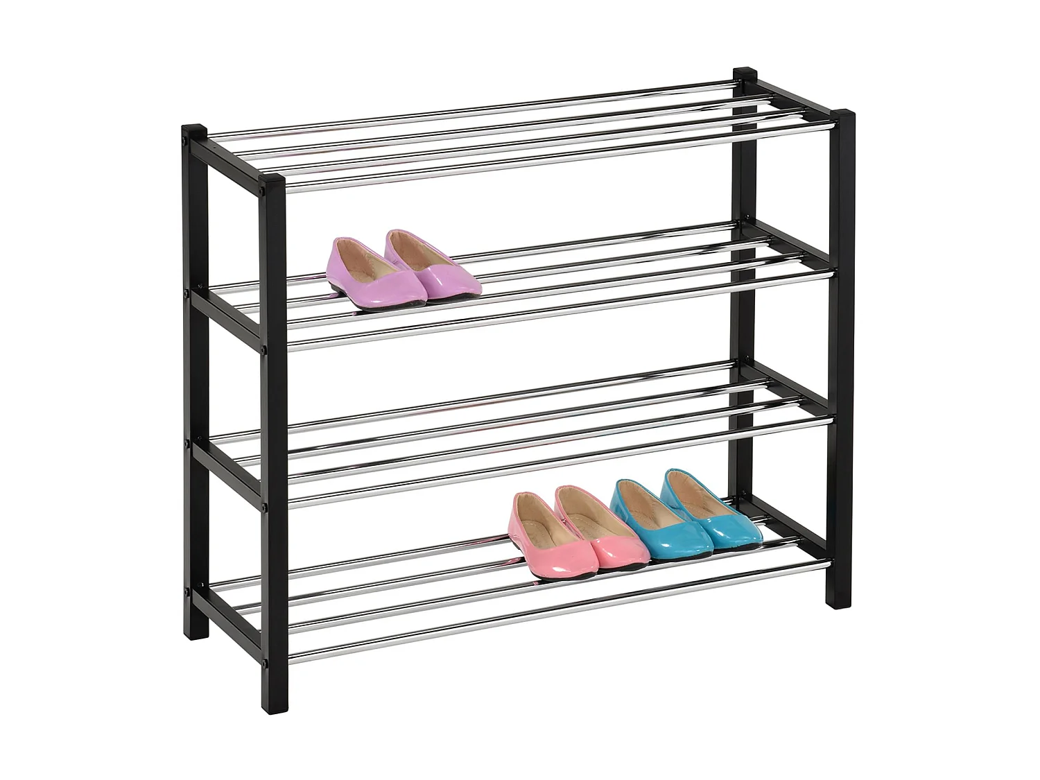 Etagère à chaussures DUBLIN rangement porte-chaussures avec 4 niveaux pour 16 paires en métal chromé et laqué noir