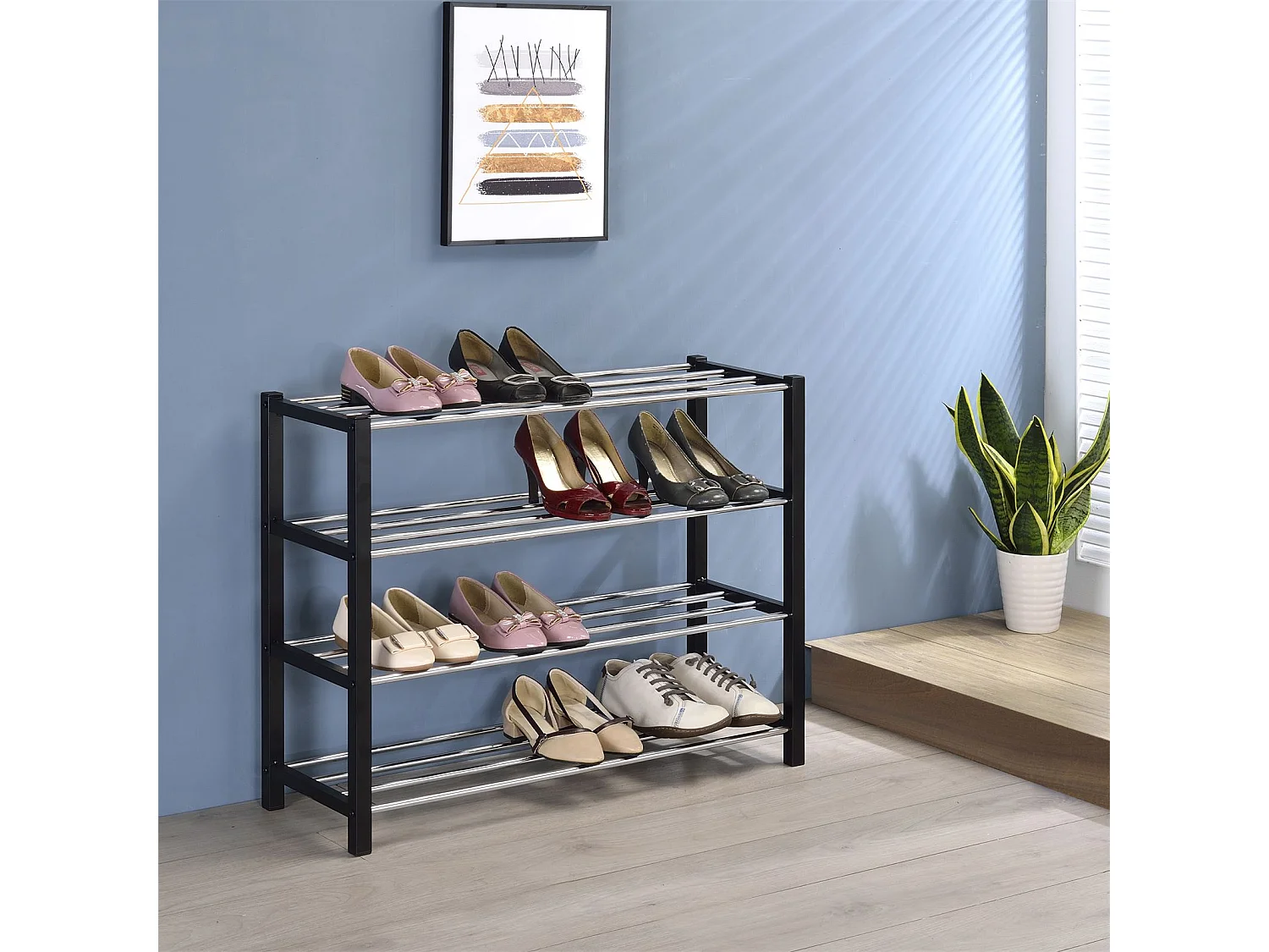 Etagère à chaussures DUBLIN rangement porte-chaussures avec 4 niveaux pour 16 paires en métal chromé et laqué noir