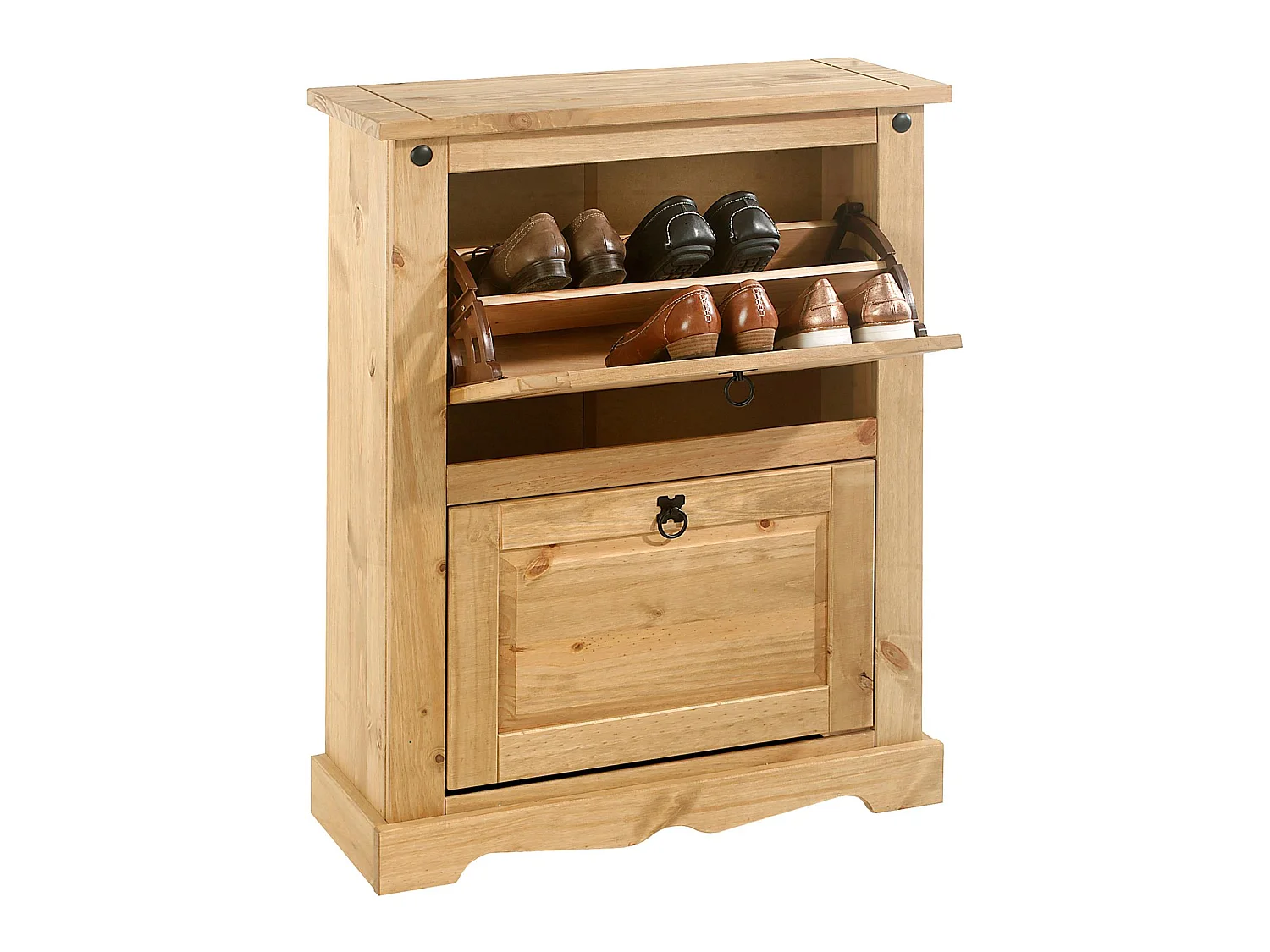 Meuble à chaussures TEQUILA style mexicain armoire à chaussures avec 2 abattants, en pin massif finition teintée et cirée