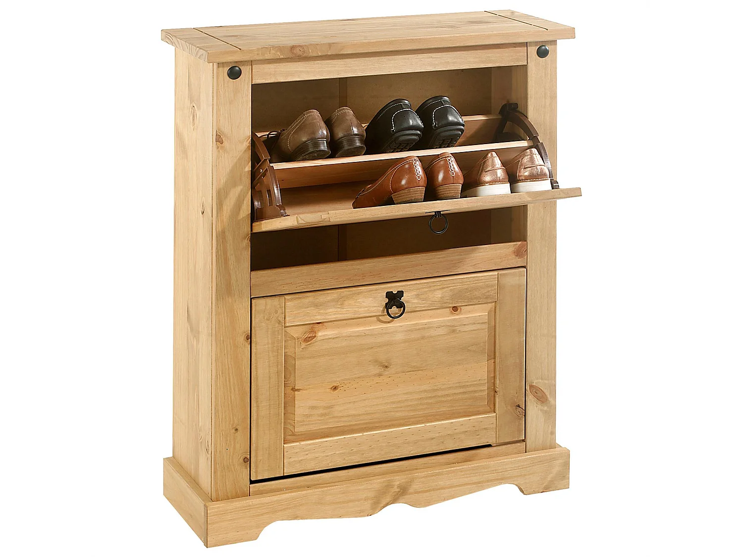 Meuble à chaussures TEQUILA style mexicain armoire à chaussures avec 2 abattants, en pin massif finition teintée et cirée